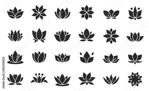 Lotus flower logo. Yoga and wellness icons, simple line art for spa, meditation and spiritual branding. Floral vector set, natural harmony concept and beauty or fashion business template