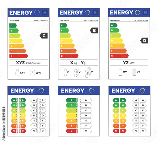 EU energy label. Green to red rating arrows for home appliance efficiency class, economical power consumption and eco standards. Bar chart and light bulb for economic diagnostic vector set