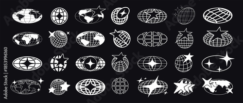 Retro Y2K globe logo. Minimal 2000s and 70s graphic with holographic posters with stars and groovy forms for global badge, decorative banner isolated vector elements
