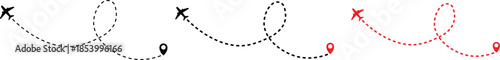 Airplane line path icon of air plane flight route dash line trace with start point. Airplane flight path with destination pin. airplane travel line path with map pins Transparent png and vector illust