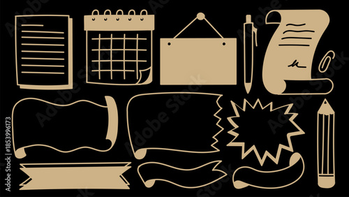 Gold Elements Doodle with Calendar Notes Pen Banner Ribbon Set.Vector Illustration