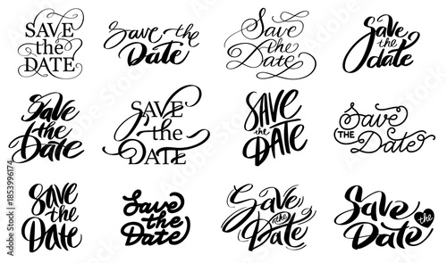 Save the Date word art for love and marriage with handwritten script or brush calligraphy. Vector graphic design for wedding invitations cards and celebration banner in retro elegant style