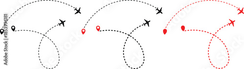 Airplane line path icon of air plane flight route dash line trace with start point. Airplane flight path with destination pin. airplane travel line path with map pins Transparent png and vector illust