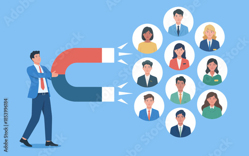 Businessman attracting diverse team with magnet