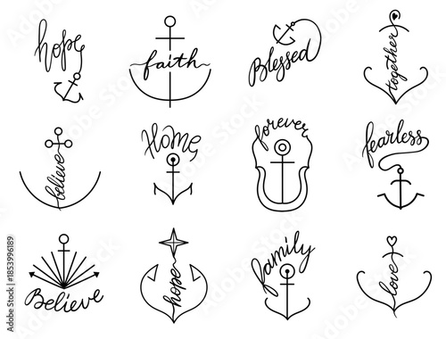 Vintage nautical anchor logo for marine travel or home decoration, faith and love lettering in retro line design. Minimal vector outline for tattoo, hope and family symbol