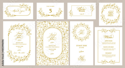 Elegant wedding invitation card with vintage floral border, romantic botanical design. Beautiful vector template with leaves and flowers, foliage pattern for ceremony menu, celebration banner