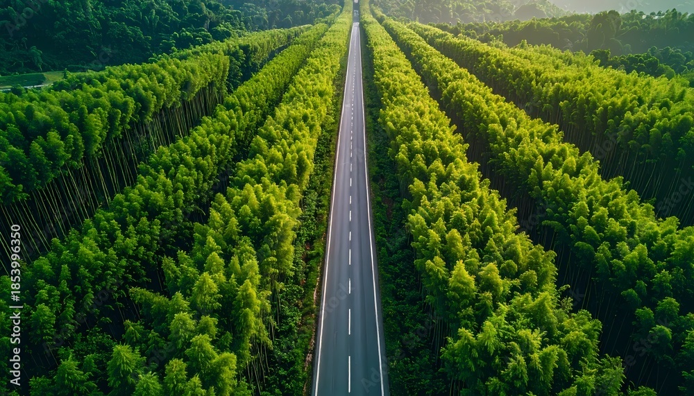Naklejka premium Aerial View of a Straight Road Through a Lush Green Forest at Sunset.