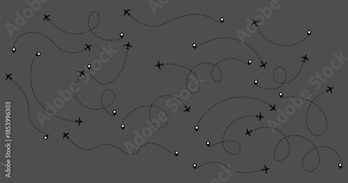 Airplane flight path with destination pin. Plane paths. Aircraft tracking, planes, travel, map pins, location pins .start point line trace and plane routes. Transparent png and vector illustration
