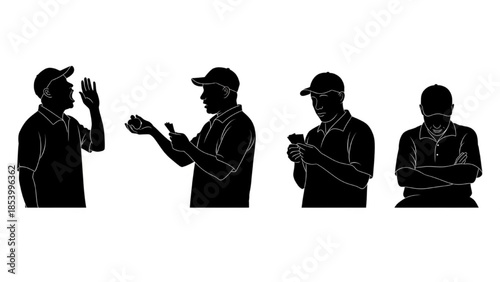 Black Street Vendor Silhouette Vector Showing Calling Out Handing Goods Counting Money and Rest Poses
