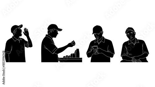 Black Street Vendor Silhouette Vector Showing Calling Out Handing Goods Counting Money and Rest Poses