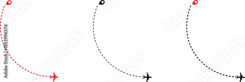 Airplane flight path with destination pin. Plane paths. Aircraft tracking, planes, travel, map pins, location pins .start point line trace and plane routes. Transparent png and vector illustration
