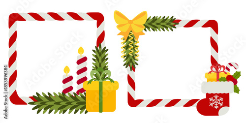 Set of square red and white candy cane frames decorated with festive Christmas elements. Perfect for holiday cards, banners, invitations, seasonal promotions, and winter designs