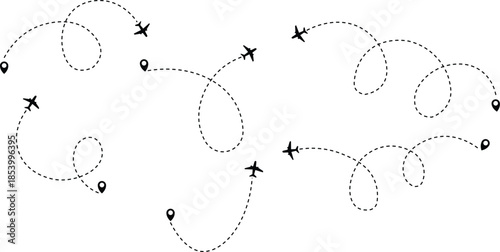 Airplane flight path with destination pin. Plane paths. Aircraft tracking, planes, travel, map pins, location pins .start point line trace and plane routes. Transparent png and vector illustration
