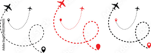 Airplane flight path with destination pin. Plane paths. Aircraft tracking, planes, travel, map pins, location pins .start point line trace and plane routes. Transparent png and vector illustration
