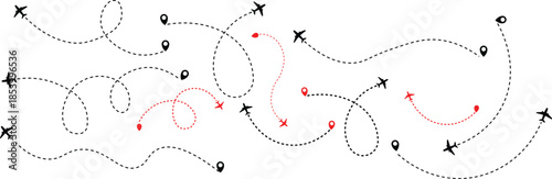 Airplane Plane routes line set. Simple airplane travel line path with map pins. Airplane dashed route path. Airplane flight path with destination pin
