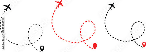 Airplane flight path with destination pin. Plane paths. Aircraft tracking, planes, travel, map pins, location pins .start point line trace and plane routes. Transparent png and vector illustration
