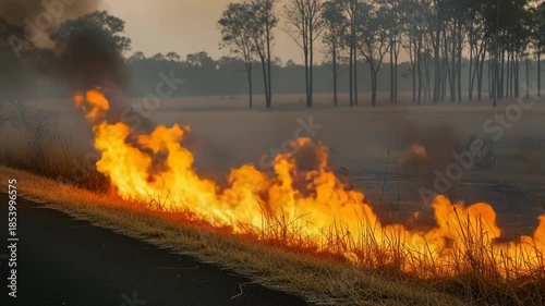 Intense wildfire burning along roadside in dry landscape - 4k video