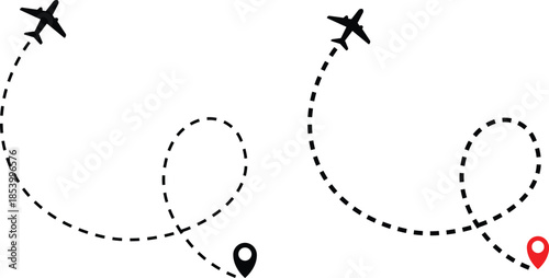 Airplane flight path with destination pin. Plane paths. Aircraft tracking, planes, travel, map pins, location pins .start point line trace and plane routes. Transparent png and vector illustration
