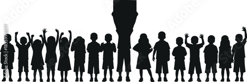 Silhouette of diverse group of children and school students standing together with one child holding a blank sign or poster
