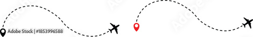 Airplane Plane routes line set. Simple airplane travel line path with map pins. Airplane dashed route path. Airplane flight path with destination pin
