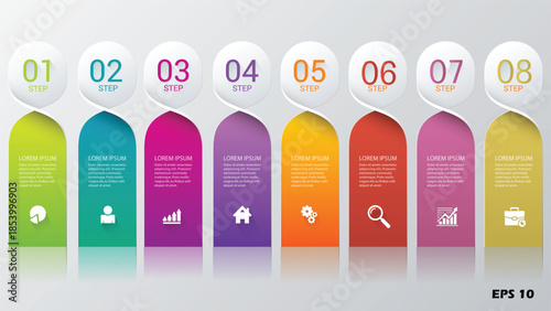 8-Step Vertical Infographic Template. Modern Horizontal Flow Chart with Colorful Banner Columns, Business Icons, and Numbered Stages. Professional Vector EPS 10