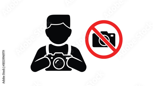 Iconic representation of a person holding a camera with a no photography sign, symbolizing restricted access for taking pictures.