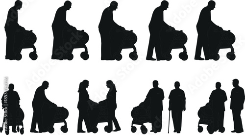 Silhouettes of Elderly Men and Women Using Walkers and Rollators with Professional Caregivers Providing Support for Mobility and Geriatric Healthcare