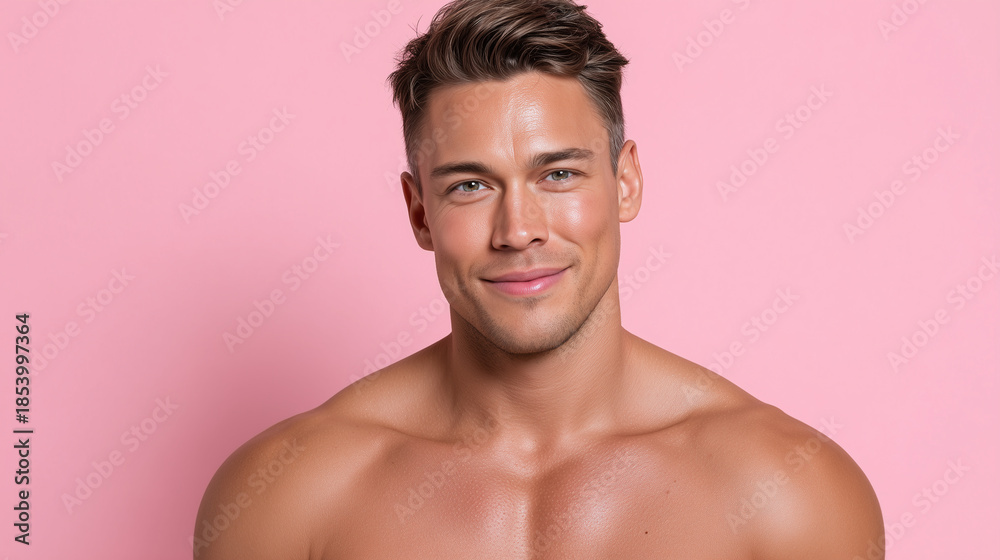 Fototapeta premium Radiant male glass skin with smooth complexion and short hair posing against pink background with confident and relaxed expression