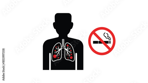 Illustration of human lungs affected by smoking, with a no smoking sign indicating health risks.