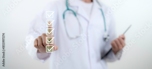 Doctor selects digital medical checklist with approval icons representing healthcare evaluation quality control patient safety compliance and professional medical service concept