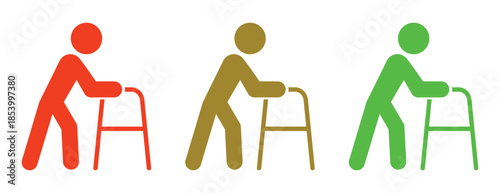 Silhouette icons of person using a walking frame, mobility assistance and geriatric care