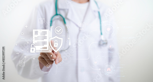Doctor selects secure digital medical document with shield icon representing healthcare data protection patient privacy compliance and modern hospital information security concept
