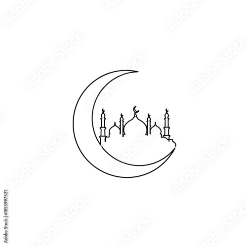 Crescent moon embraces mosque silhouette in minimalist line art