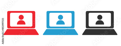 Laptop computers showing user profile icons, remote work and video conference