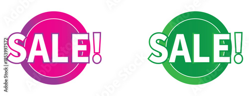 Vibrant sale text badge labels in pink and green, commercial discount and promotion
