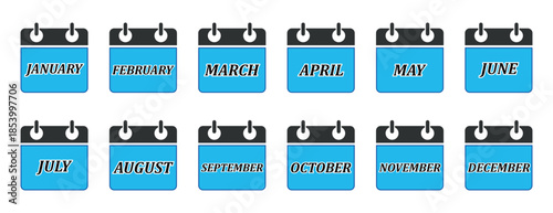 Annual calendar icon set featuring all twelve months, schedule and time management