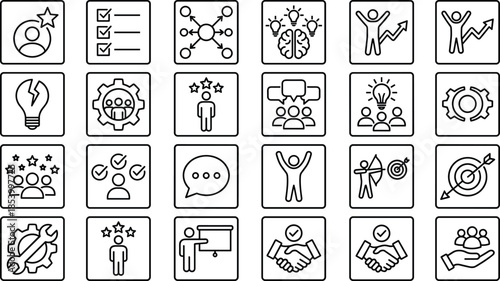 Business leadership line icon set, featuring teamwork innovation strategy success management communication goals productivity growth vector illustration startup corporate planning performance 