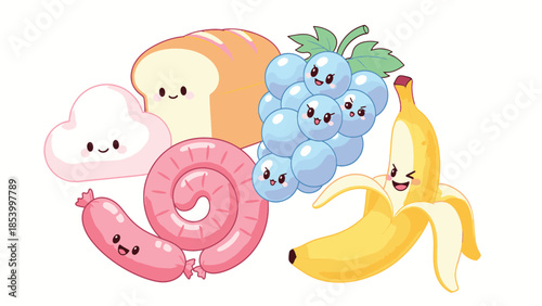 Cute cartoon food items with smiling faces, including bread, grapes, banana, sausage, and a marshmallow.