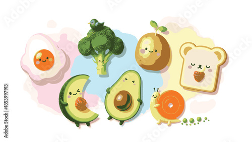 Cute cartoon illustration of various healthy food items and a snail with happy faces on a watercolor background.