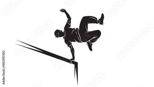 A black silhouette of a person performing parkour, balancing on one hand on a slanted beam in an acrobatic pose.