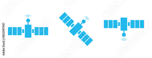 Blue satellite icons in different orbital positions, space communication and technology