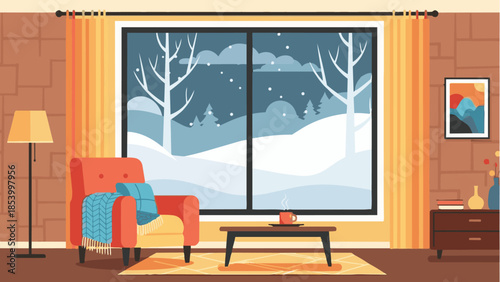 Cozy Winter Interior Flat Design Vector Illustration