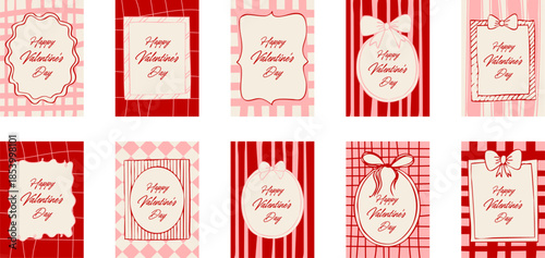 Valentines day greeting card set with red pink frames bows striped backgrounds and vintage romantic typography designs