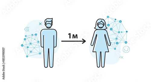 Man and woman outlines wearing face masks with a one meter arrow between them to show social distancing rules and stop virus transmission.