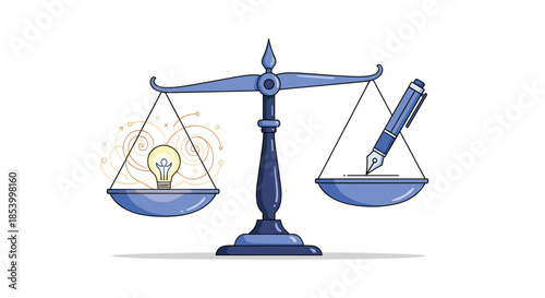 Balance scales weighing a glowing light bulb representing creative ideas against a fountain pen symbolizing writing and documentation skills.