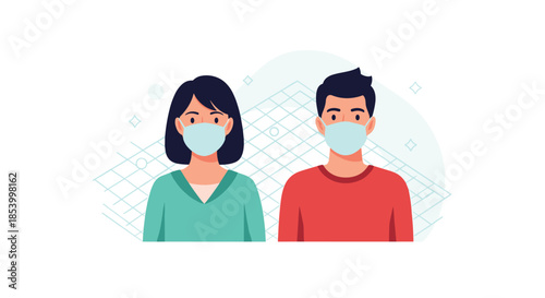 Man and woman standing together wearing protective medical face masks as a preventative measure for health and safety in public spaces.