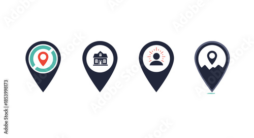 Set of four diverse map pin icons representing different locations including a specific target, home, personal residence, and mountain areas.