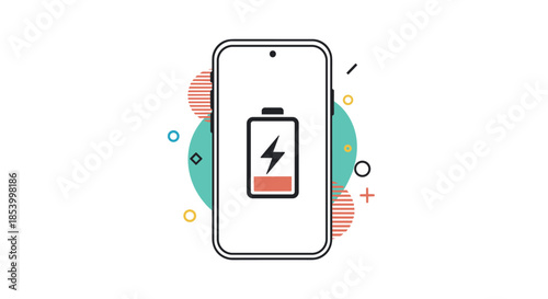 Smartphone display showing a low battery warning icon with a red level representing the need for charging and power management technology.