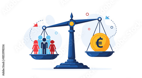 Balance scales comparing the value of human resources and a group of people against a gold euro coin representing social economic stability.
