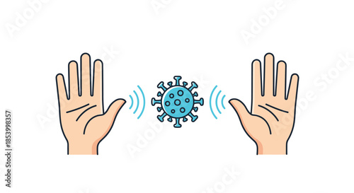 Illustration showing human hands interacting with virus particles representing transmission risks and health safety measures.